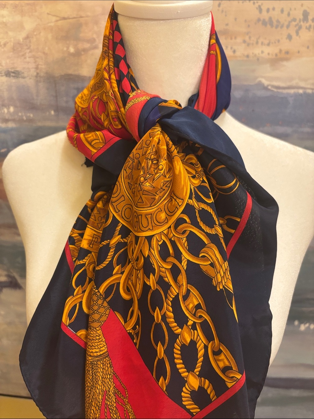 Navy, Gold & Red Equestrian Medallion Silk Scarf - Picture 2 of 7